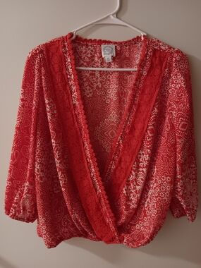 Blue Rain Red Printed Wrap Blouse